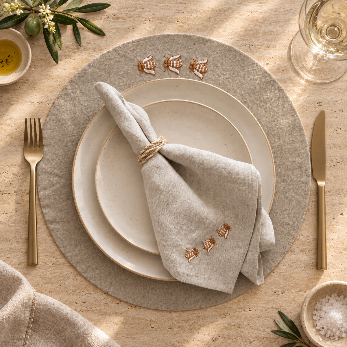 Toscana Bee Linen Napkins in Oatmeal Stone – Set of 4
