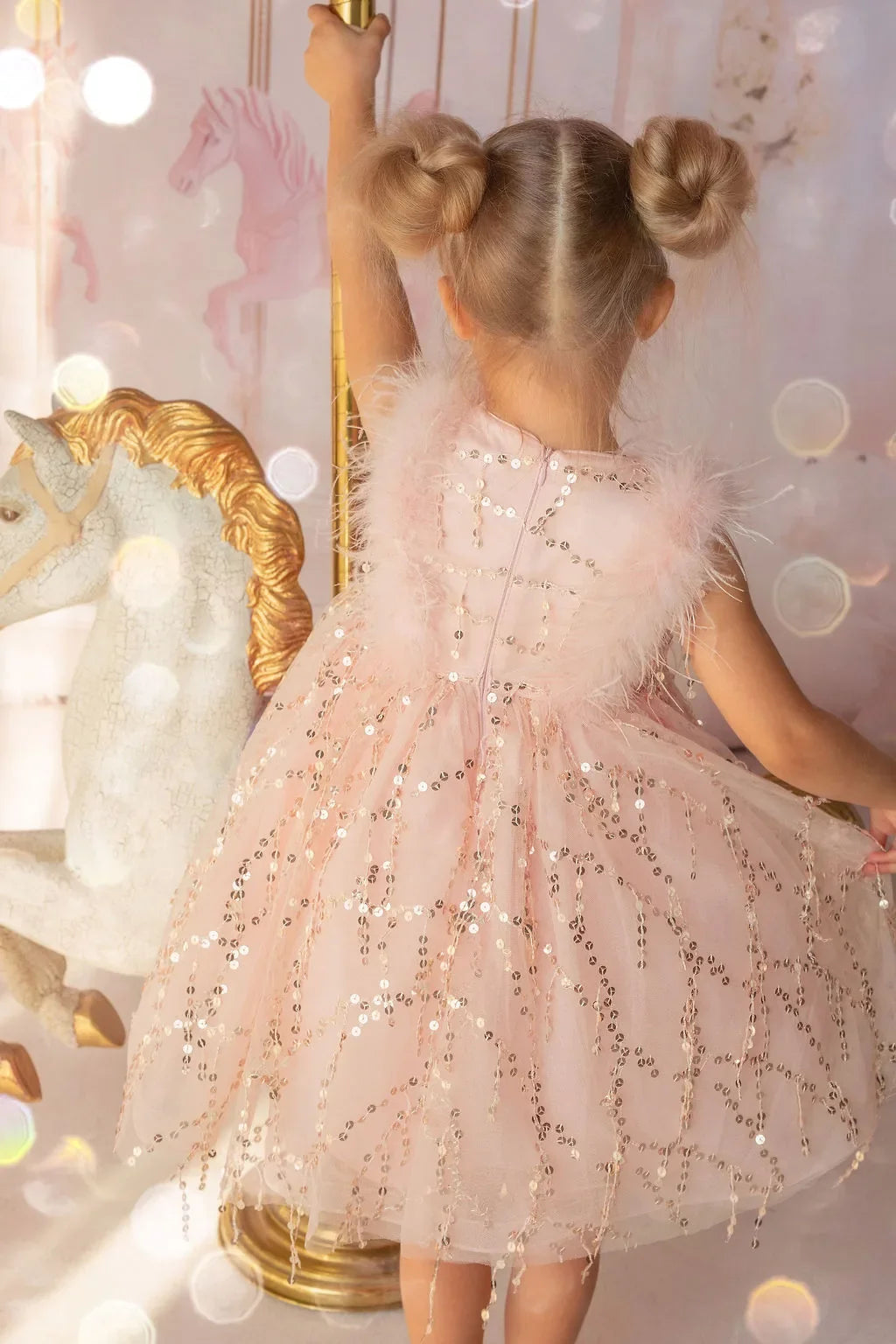 Sparkly Feather Fairy Pink Sequin Flower Girl Dress