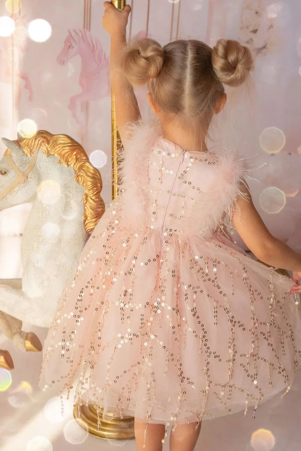 Sparkly Feather Fairy Pink Sequin Flower Girl Dress