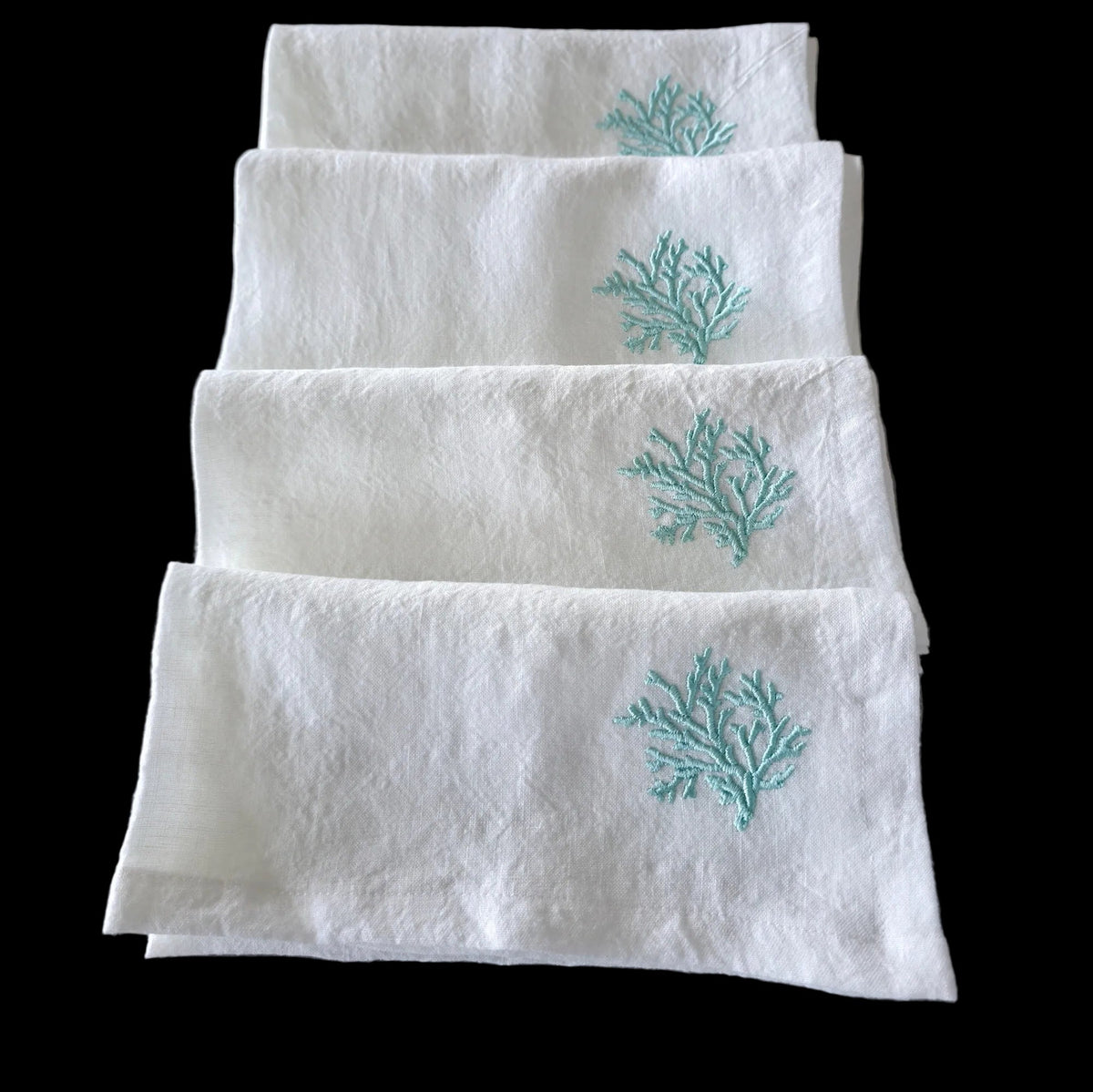 Toscana Aqua Coral Linen Napkins in Off-White – Set of 4