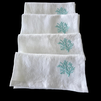 Toscana Aqua Coral Linen Napkins in Off-White – Set of 4