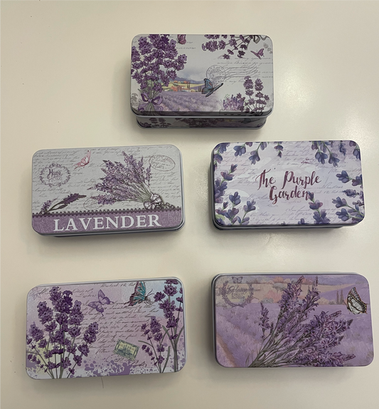 Empty tin boxes with lavender designs - elegant, portable and reusable