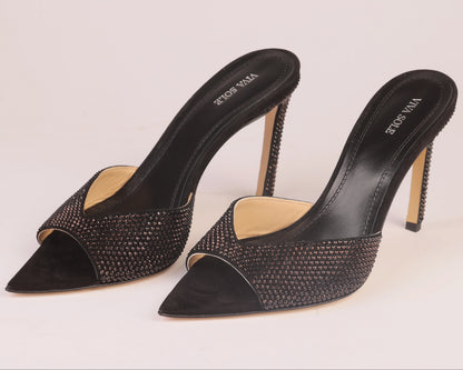 NOIR ALLURE MULE – Black Suede Mule with Italian Rhinestones