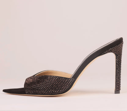 NOIR ALLURE MULE – Black Suede Mule with Italian Rhinestones
