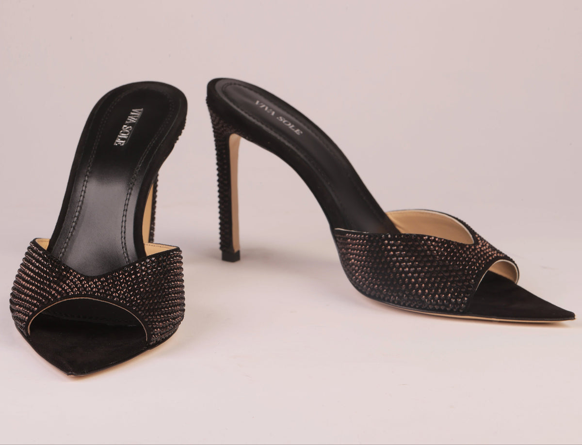 NOIR ALLURE MULE – Black Suede Mule with Italian Rhinestones