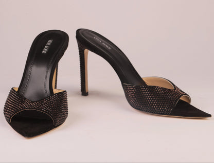 NOIR ALLURE MULE – Black Suede Mule with Italian Rhinestones