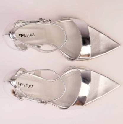 LUNA SILVER – Silver Mirror Nappa Sandal with Crystal Buckle