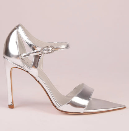 LUNA SILVER – Silver Mirror Nappa Sandal with Crystal Buckle