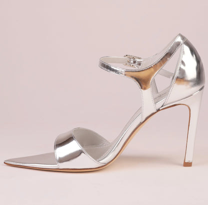 LUNA SILVER – Silver Mirror Nappa Sandal with Crystal Buckle