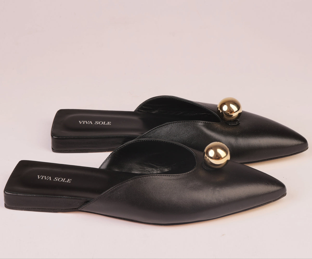 AURORA SLIDE – Black Nappa Slipper with Sculptural Sphere Detail
