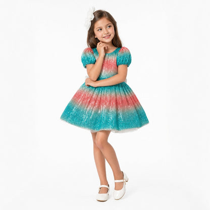 Aqua Sunset Sparkle Sequin Birthday Dress for Girls