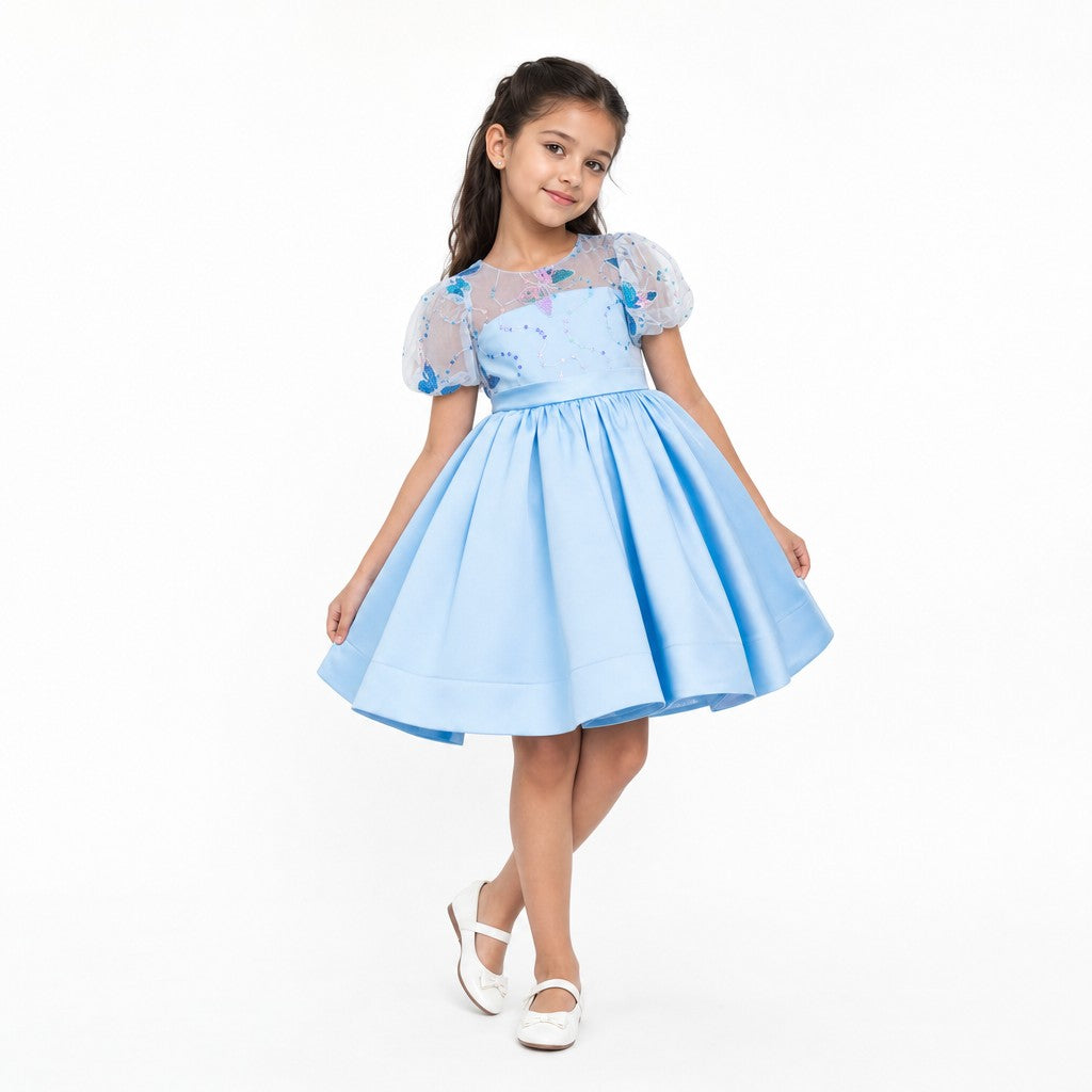 Celestial Butterfly Blue Sequin Tulle Birthday Dress for Girls