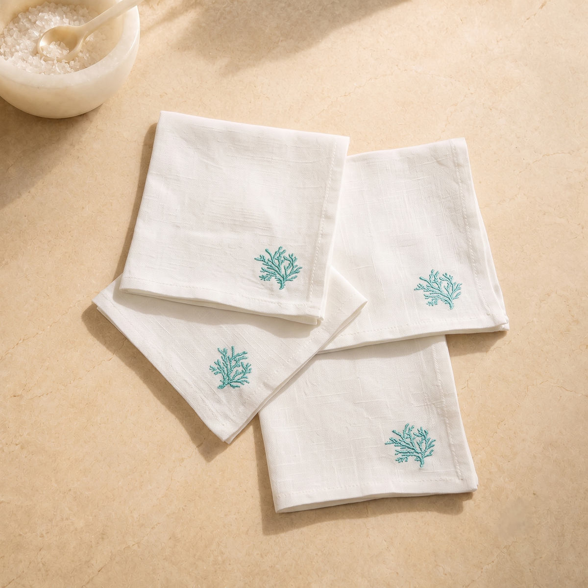 Toscana Aqua Coral Linen Napkins in Off-White – Set of 4