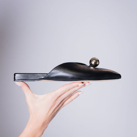AURORA SLIDE – Black Nappa Slipper with Sculptural Sphere Detail