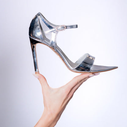 LUNA SILVER – Silver Mirror Nappa Sandal with Crystal Buckle