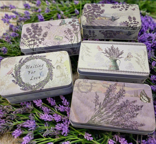 Empty tin boxes with lavender designs - elegant, portable and reusable