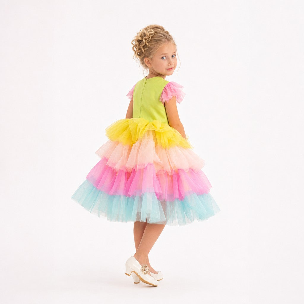 Neon Glow Pastel Rainbow Tulle Birthday Dress for Girls