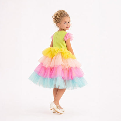 Neon Glow Pastel Rainbow Tulle Birthday Dress for Girls