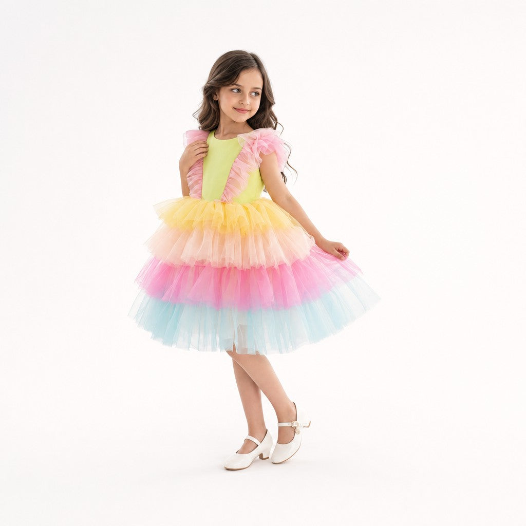 Neon Glow Pastel Rainbow Tulle Birthday Dress for Girls