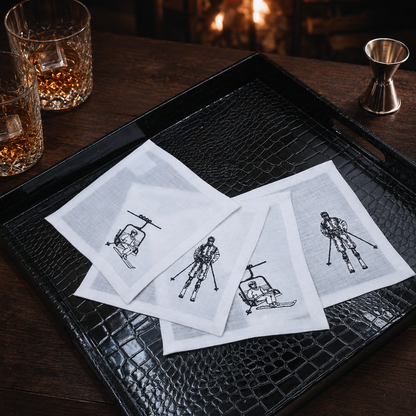 Cortina Sciatore & Seggiovia Cocktail Napkins in Off-White Linen — Set of 4