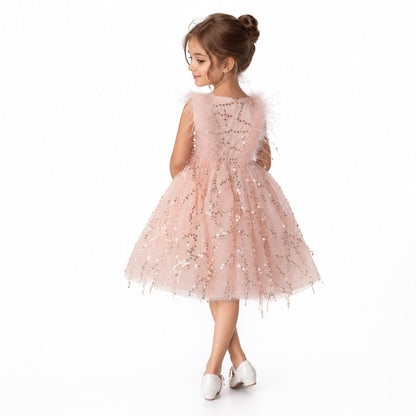 Sparkly Feather Fairy Pink Sequin Flower Girl Dress