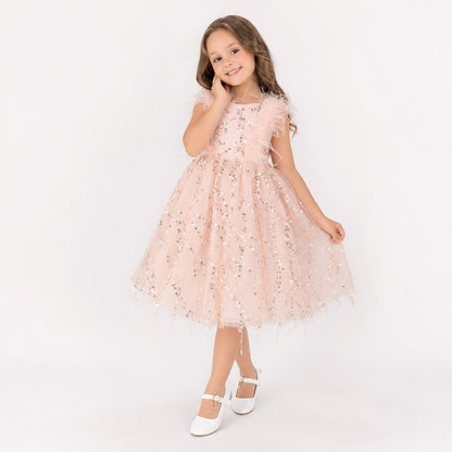 Sparkly Feather Fairy Pink Sequin Flower Girl Dress