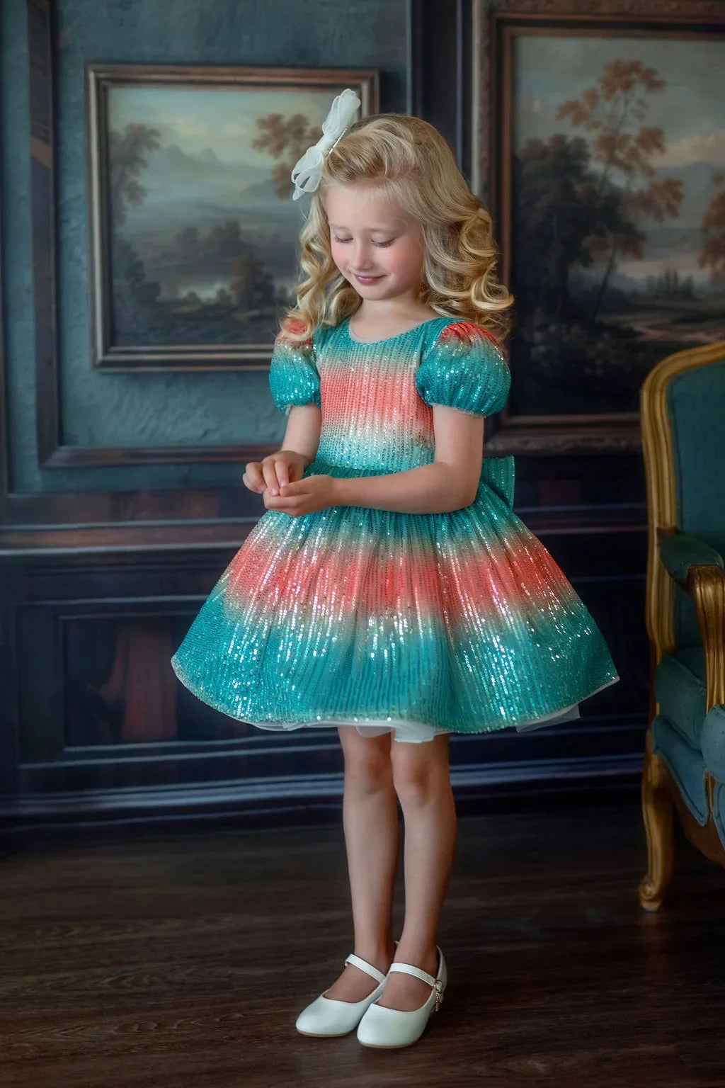 Aqua Sunset Sparkle Sequin Birthday Dress for Girls