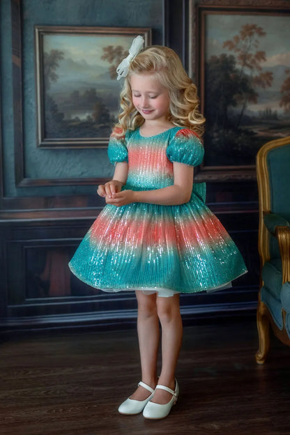 Aqua Sunset Sparkle Sequin Birthday Dress for Girls