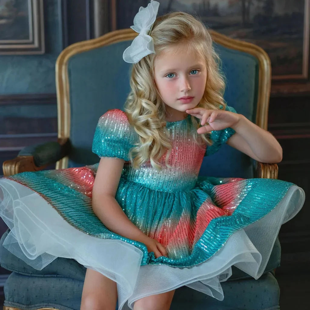 Aqua Sunset Sparkle Sequin Birthday Dress for Girls