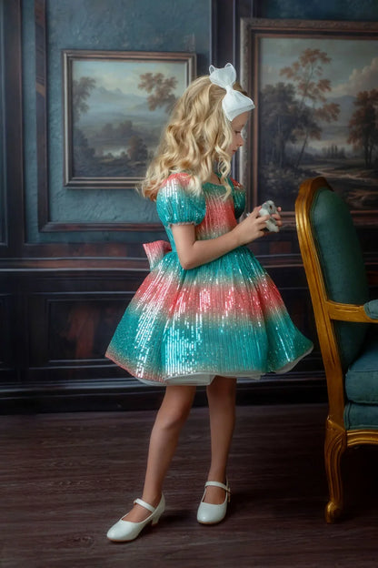Aqua Sunset Sparkle Sequin Birthday Dress for Girls