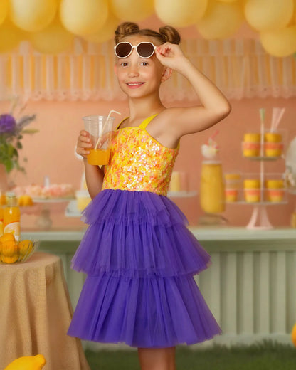 Citrus Bloom Purple Sequin Tulle Birthday Dress for Girls