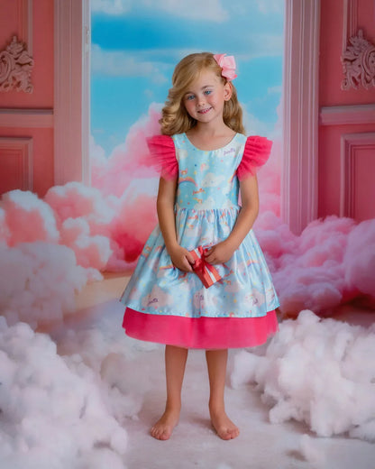 Dreamy Sky Cloud Print Tulle Birthday Dress for Girls