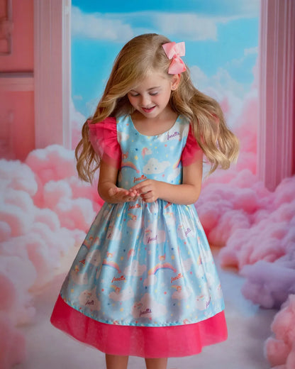Dreamy Sky Cloud Print Tulle Birthday Dress for Girls