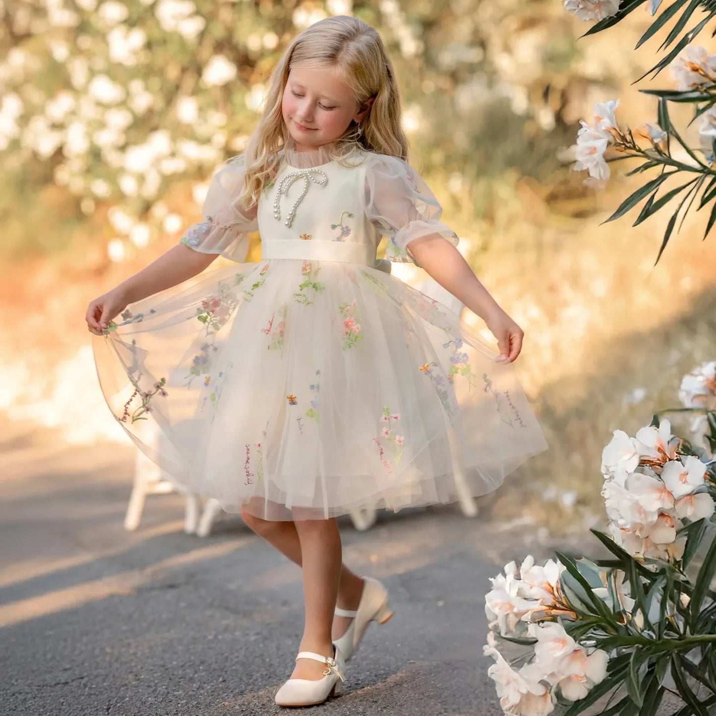 Enchanted Bloom Embroidered Ivory Flower Girl Dress for Girls