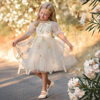 Enchanted Bloom Embroidered Ivory Flower Girl Dress for Girls