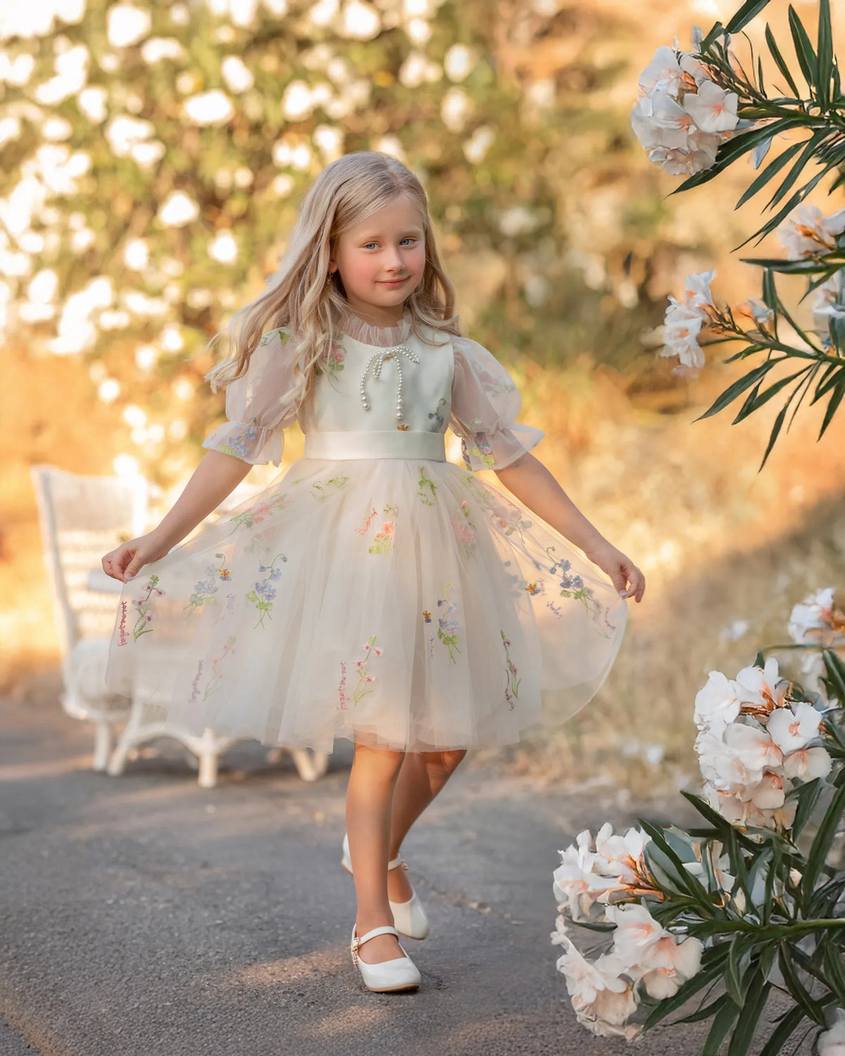 Enchanted Bloom Embroidered Ivory Flower Girl Dress for Girls