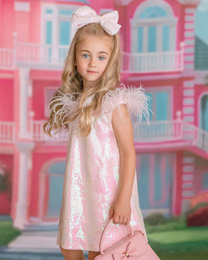Iridescent Stardust Pink Sequin Birthday Dress for Girls