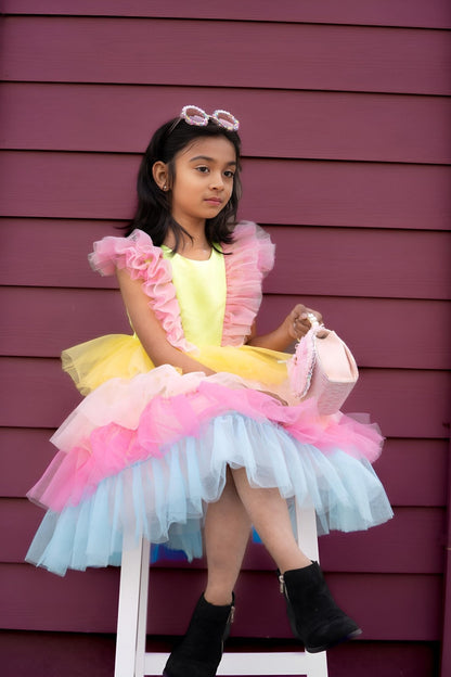 Neon Glow Pastel Rainbow Tulle Birthday Dress for Girls