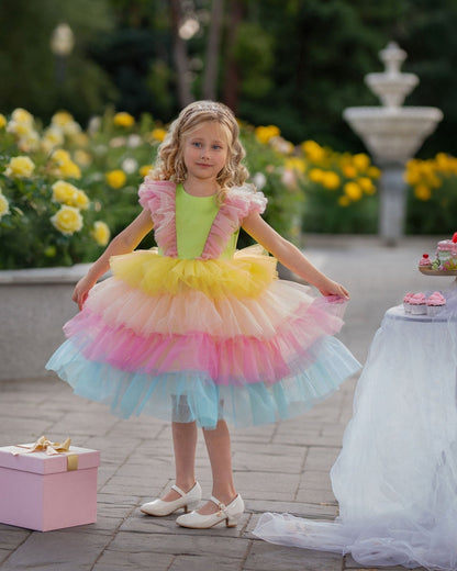 Neon Glow Pastel Rainbow Tulle Birthday Dress for Girls