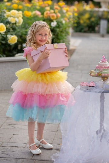 Neon Glow Pastel Rainbow Tulle Birthday Dress for Girls
