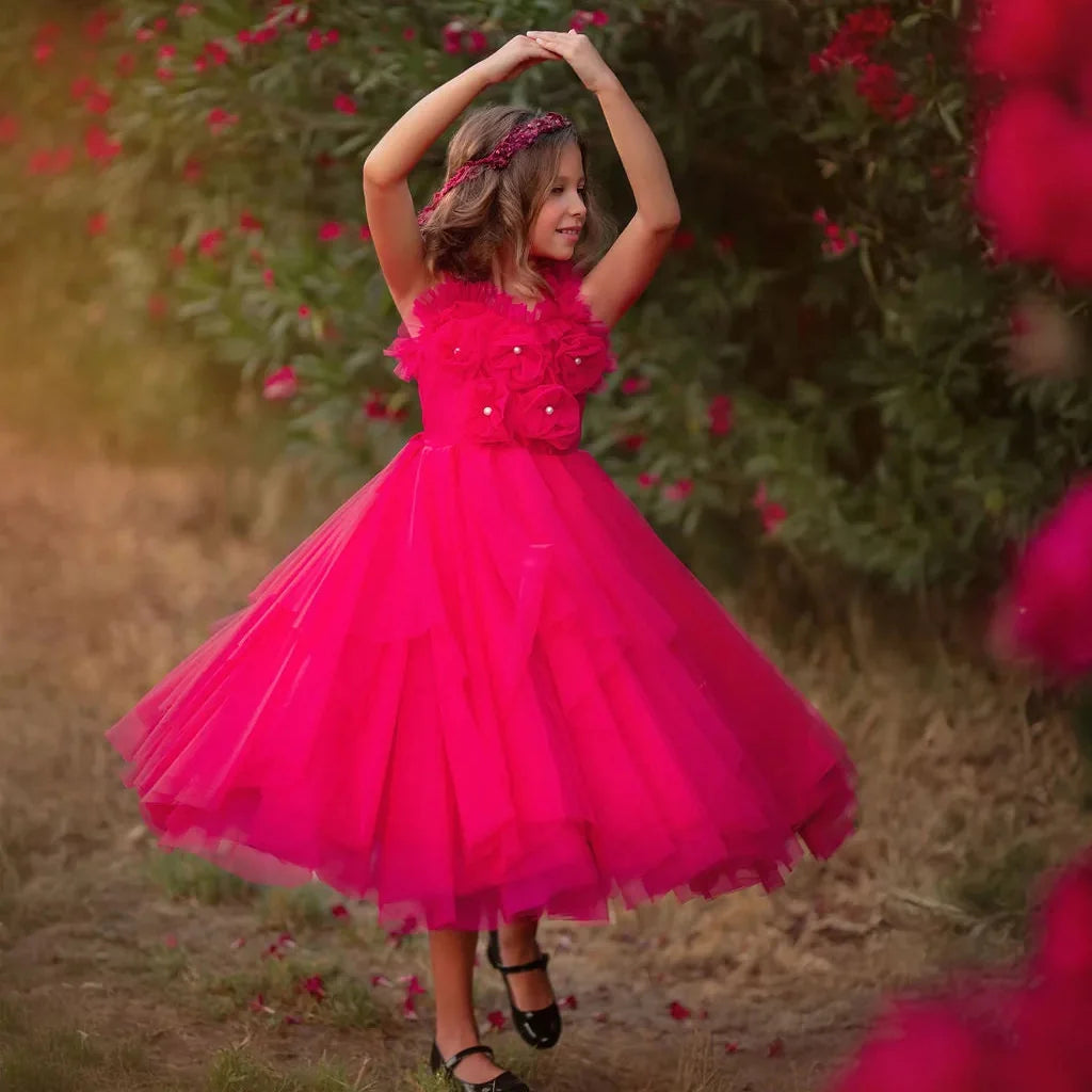 Rosy Enchantment Hot Pink Tulle Birthday Dress for Girls