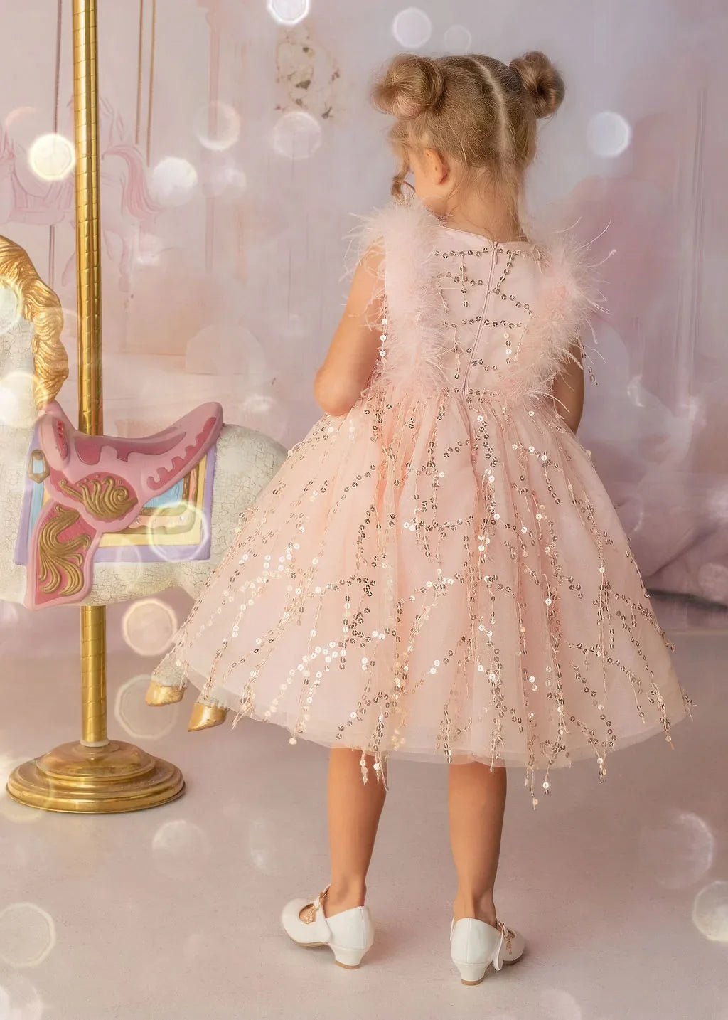 Sparkly Feather Fairy Pink Sequin Flower Girl Dress