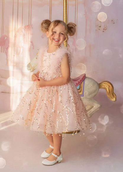Sparkly Feather Fairy Pink Sequin Flower Girl Dress