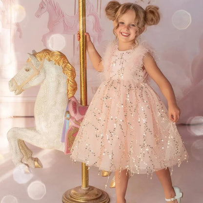 Sparkly Feather Fairy Pink Sequin Flower Girl Dress